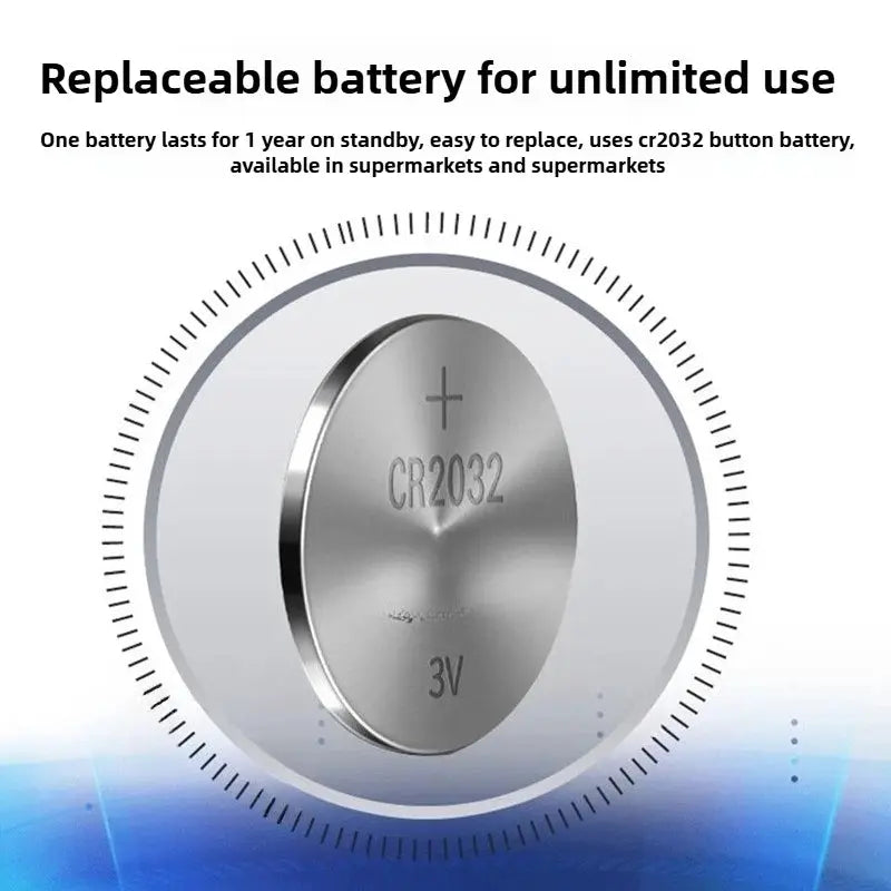CR2032 coin cell battery, 3V, silver lithium button close-up