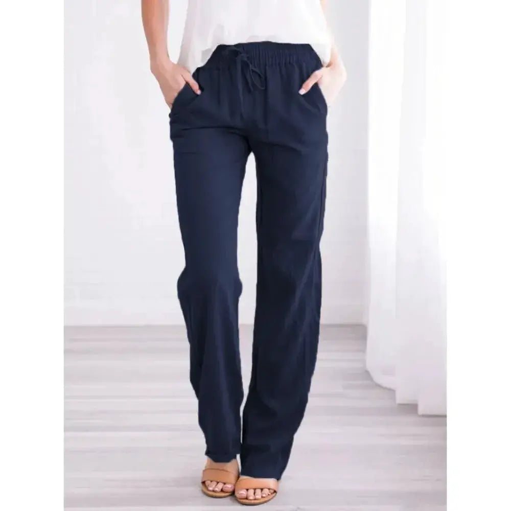 LumaWear Cotton Linen Drawstring Pants For Women Breathable Elastic Waist Casual Trousers With Loose Straight Leg