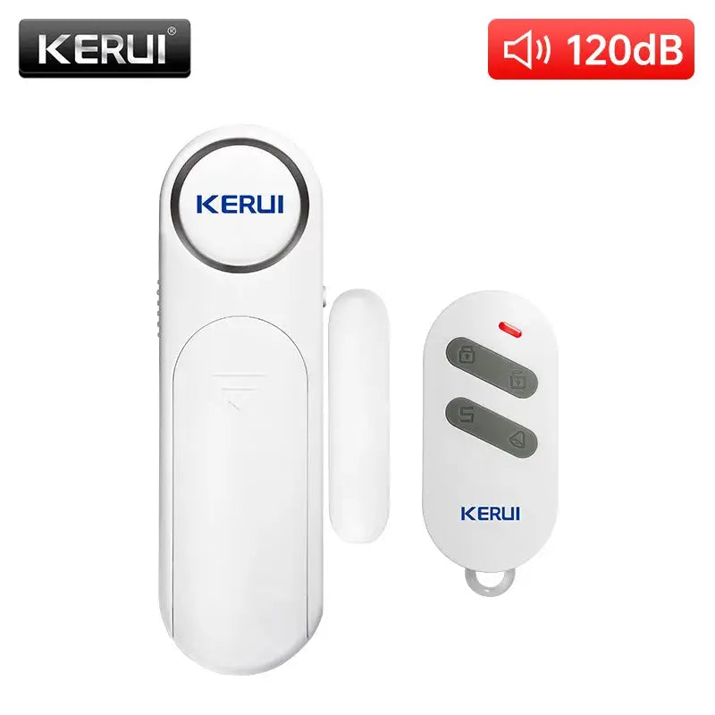 KERUI wireless door/window alarm 3-piece set with white main unit, magnet sensor, and remote (120dB)