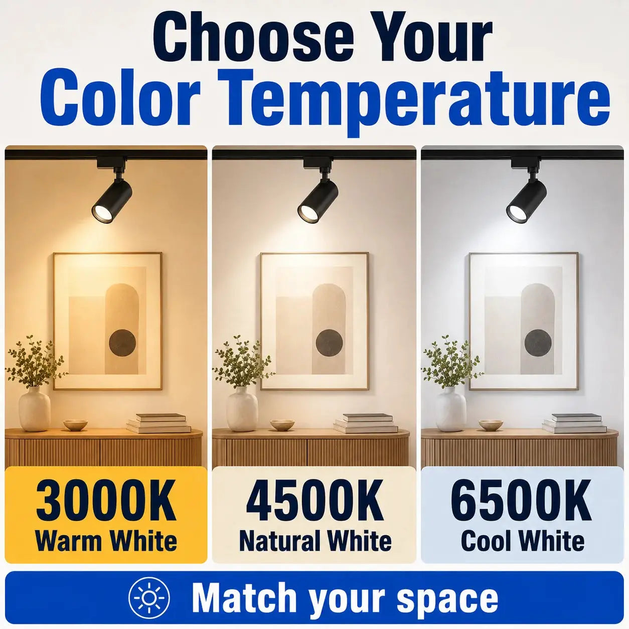 LED track lighting full set with three color temperatures (3000K, 4500K, 6500K) on a black rail
