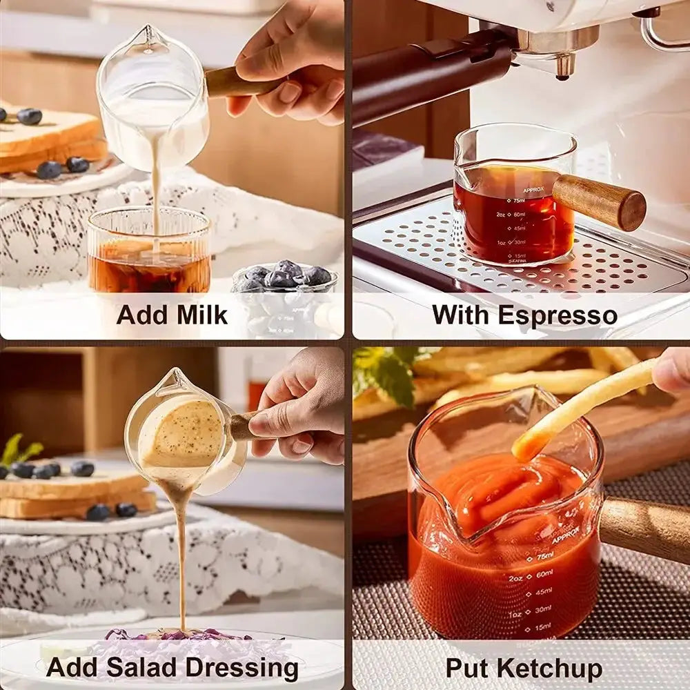 Glass Measuring Cup With Wood Handle For Espresso And Milk Clear Coffee Measuring Mug For Home Barista