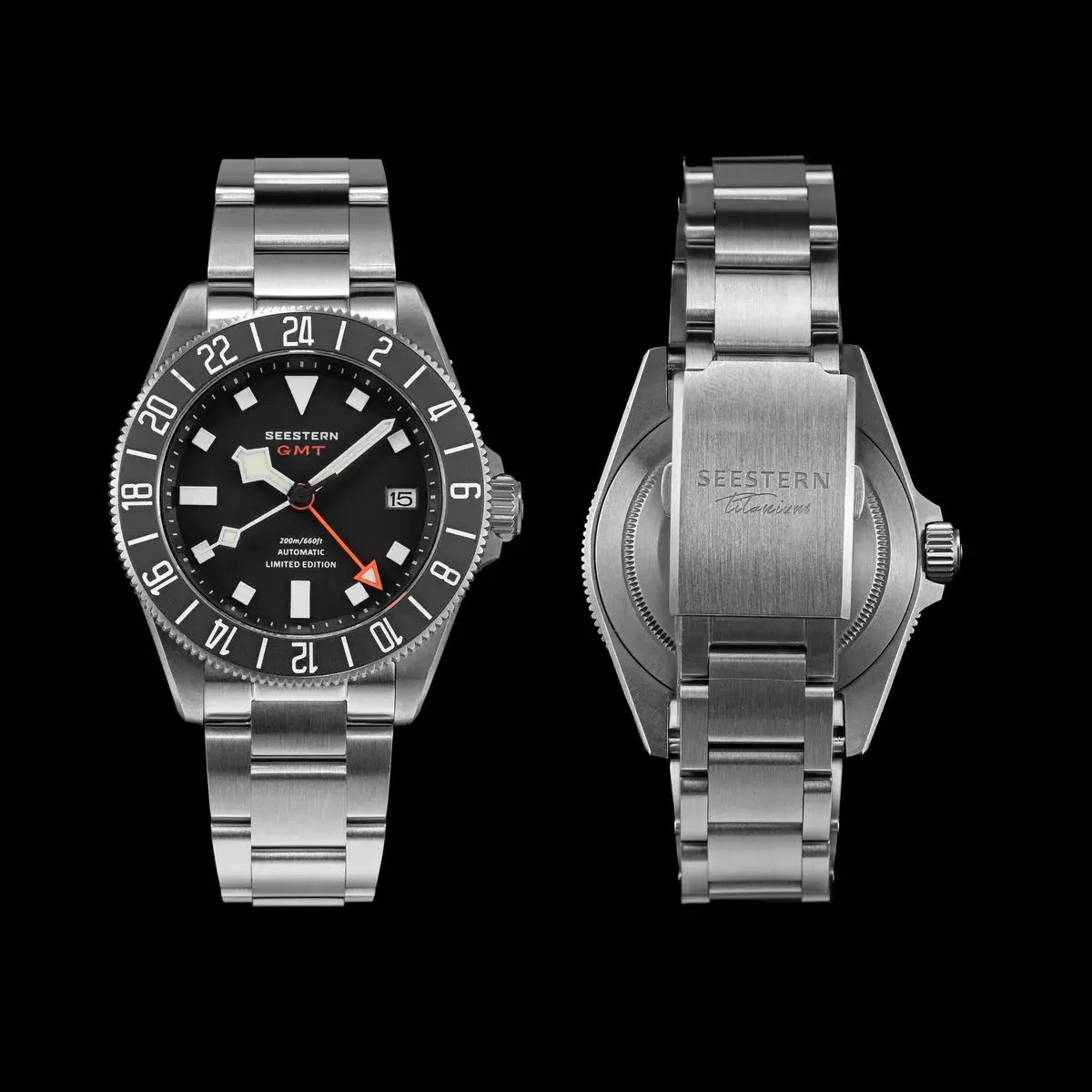 Seestern Diver titanium GMT wristwatch with black dial, sapphire crystal, 200m water resistance