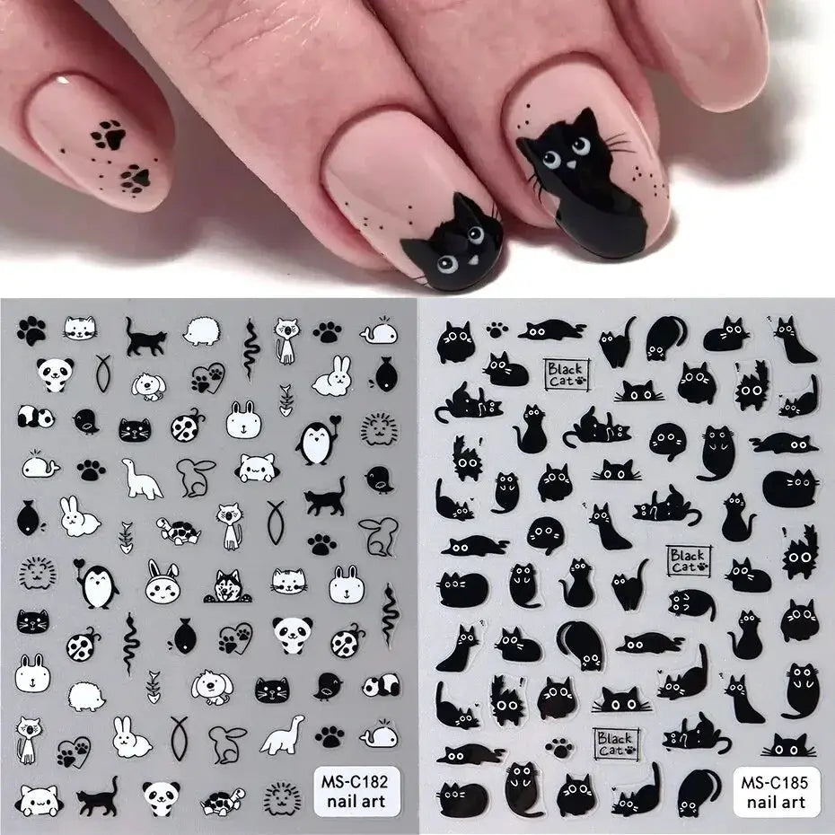 Black Cat Nail Stickers 2pc; 3D self-adhesive cartoon nail art decals for manicure