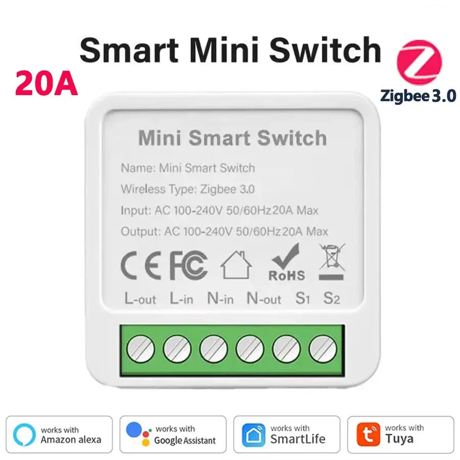 Smart Mini Switch Zigbee 3.0; white module with green terminal block for 2-channel control.