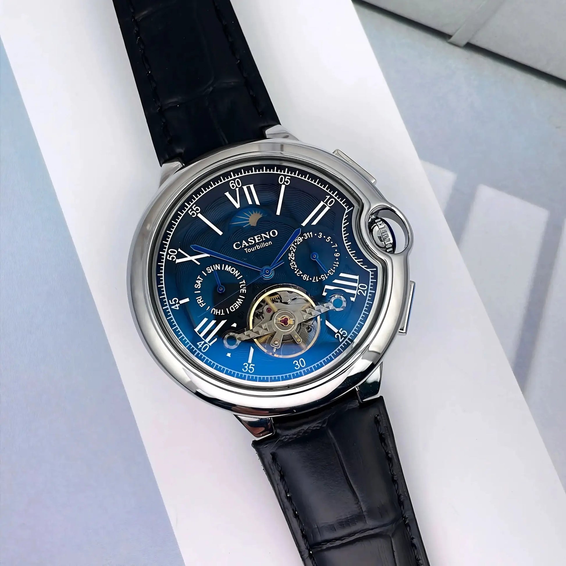 CASENO Star Roman Grand men's automatic watch with blue dial, tourbillon, stainless steel case, black leather strap