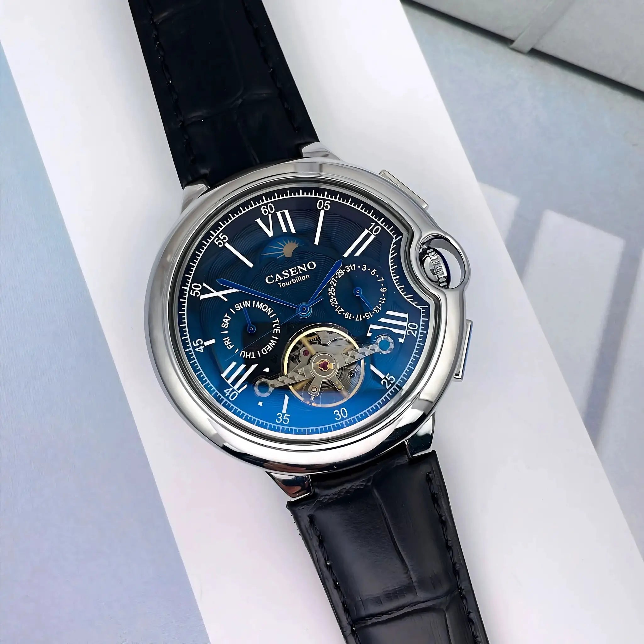 CASENO Star Roman Grand men's automatic watch with blue dial, tourbillon, stainless steel case, black leather strap