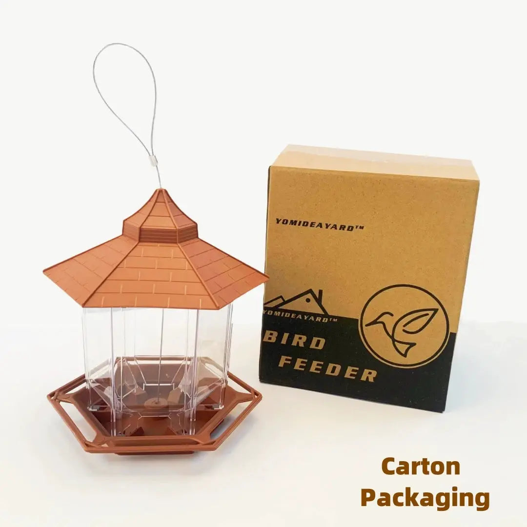 YOMIDEAYARD bird feeder gazebo-style with brown roof, clear hexagonal body, hanging loop