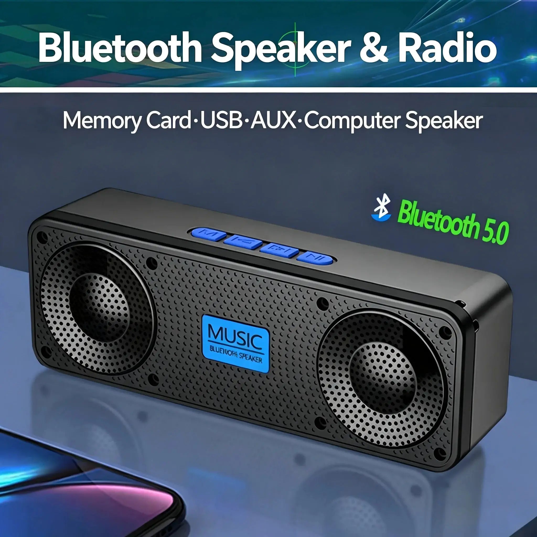 S18 wireless Bluetooth speaker by Simples Market, black portable subwoofer with blue top control buttons