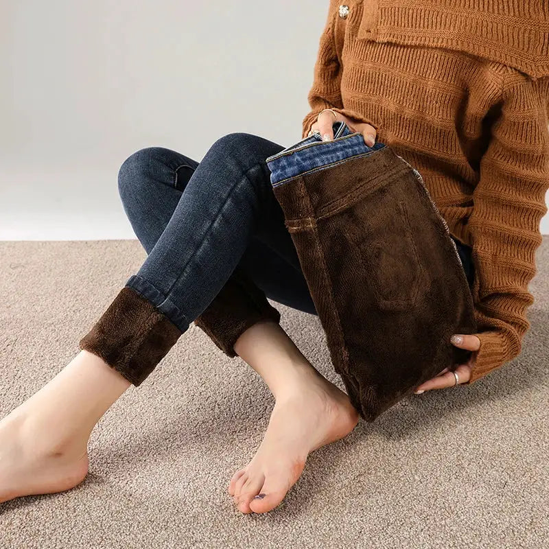 Women Thermal Jeans Fleece Lined Warm Stretch Slim Fit Pants Korean