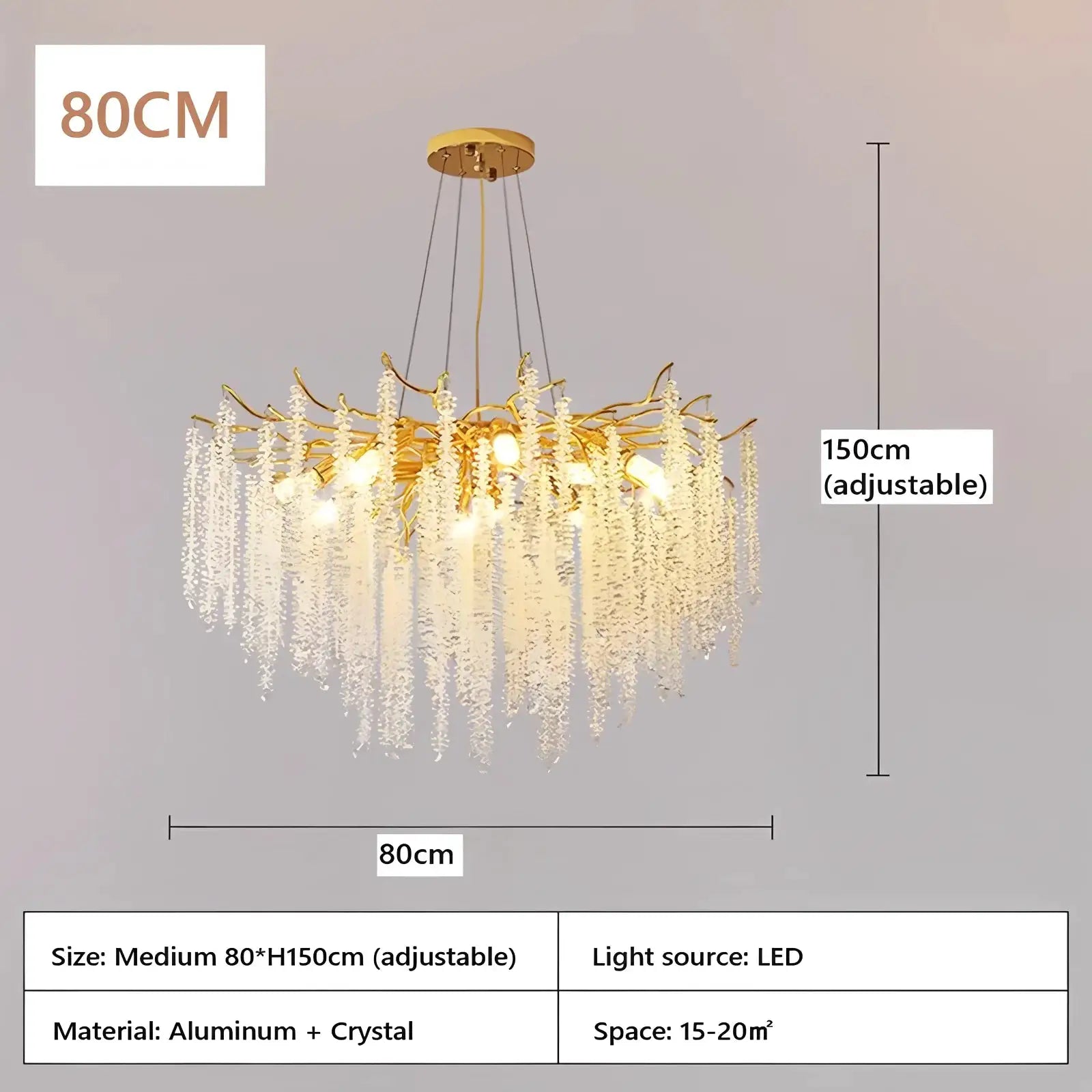 Crystal chandelier by Simples Market, gold finish with crystal strands, LED lighting, 80cm wide, 150cm adjustable