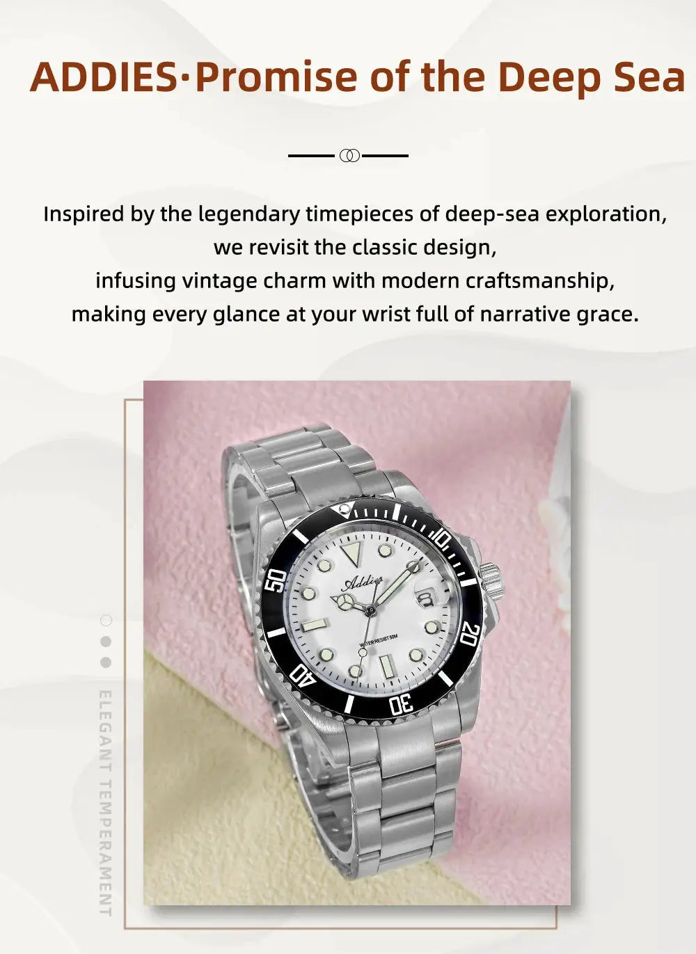 Addies women's luxury quartz watch with stainless steel bracelet, white dial and black ceramic bezel, 50m water resistant