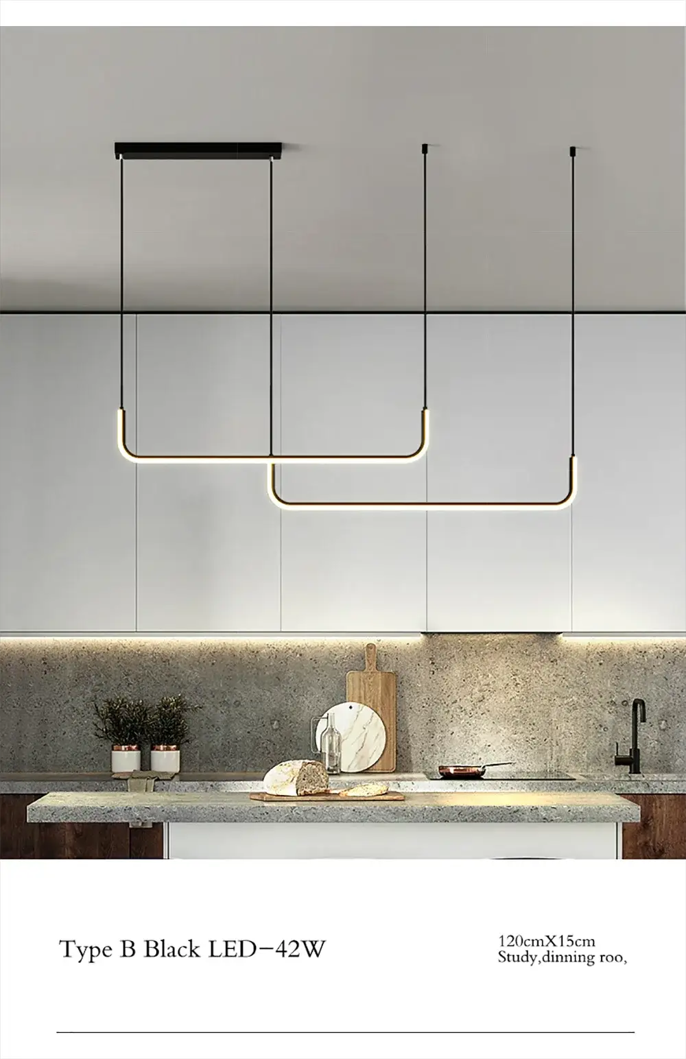 Modern LED strip chandelier light by Simples Market; two gold curved strips on black suspensions over a kitchen island.