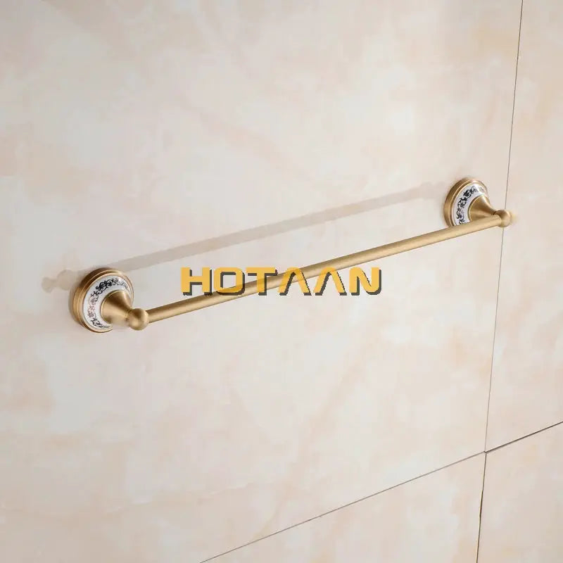 Antique brushed brass towel bar with porcelain end caps, European retro bathroom hardware; HOTAN watermark