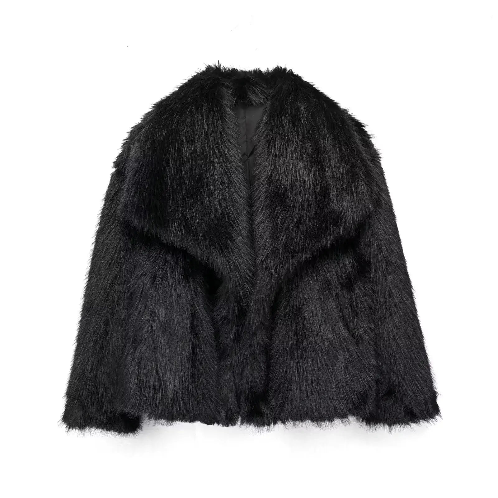 HH Women Fashion Cropped Faux Fur Jacket Coat Long Sleeve Front Snap Button Closure Lapel Collar Thick Outerwear Chic