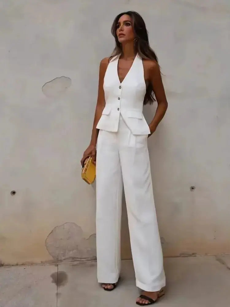 HH Women Pant Suit Set Halter Vest Blazer Top Zipper Pants Office Lady