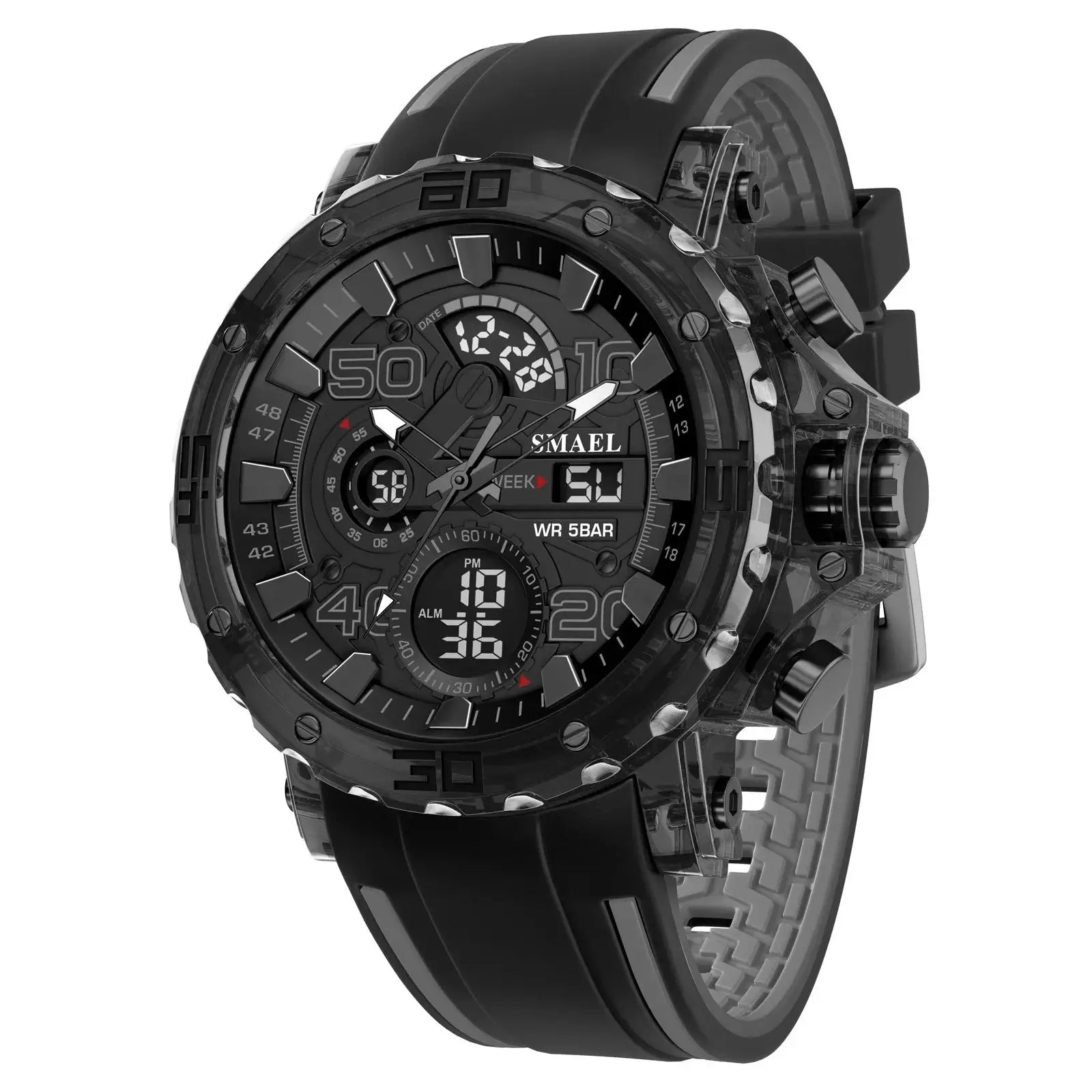 Military watches for men by Simples Market, black silicone-strap digital-analog sport watch with LED light, 50M water resistant