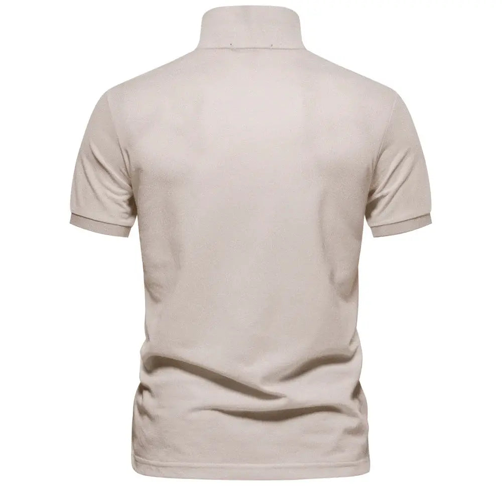 Men's polo shirt, beige cotton, short sleeve, solid color.
