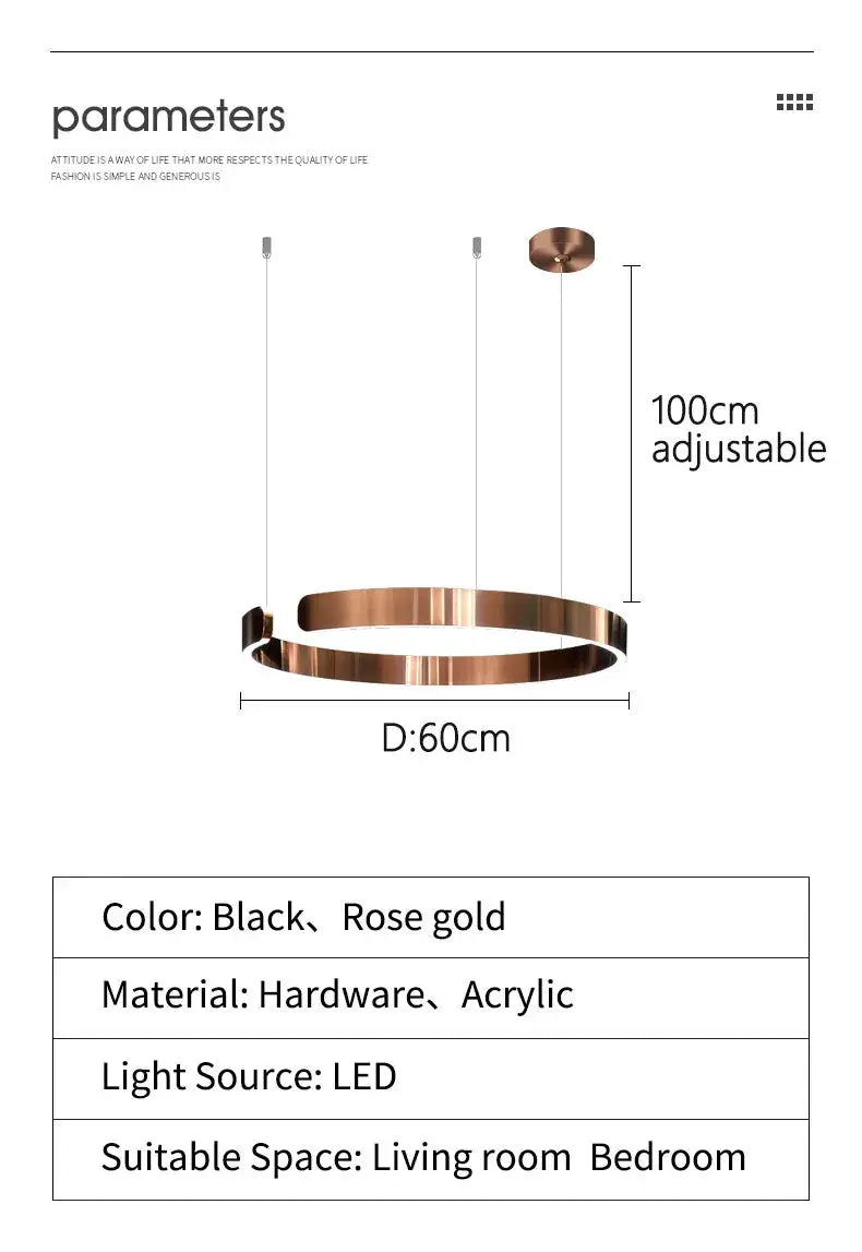 Nordic Ring LED Pendant Lamp by Simples Market, black and rose-gold finish, 60cm dia, 100cm adjustable height, LED