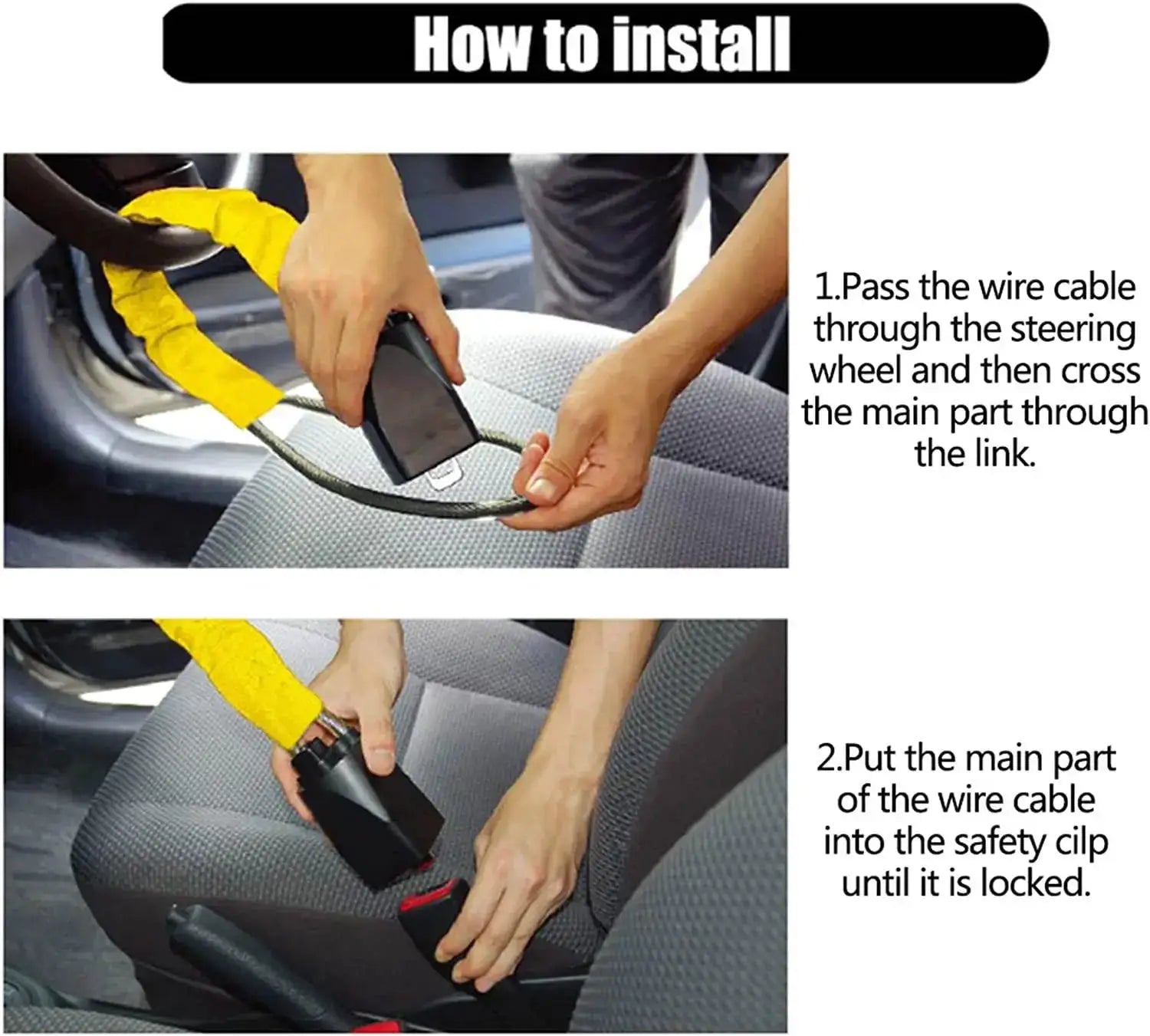 Steering wheel anti-theft lock with yellow-wrapped steel cable by Simples Market