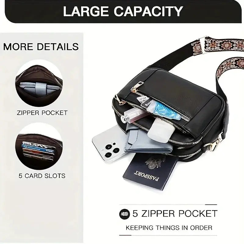 Crossbody bag, black retro square design by Simples Market, with 5 zipper pockets and 5 card slots