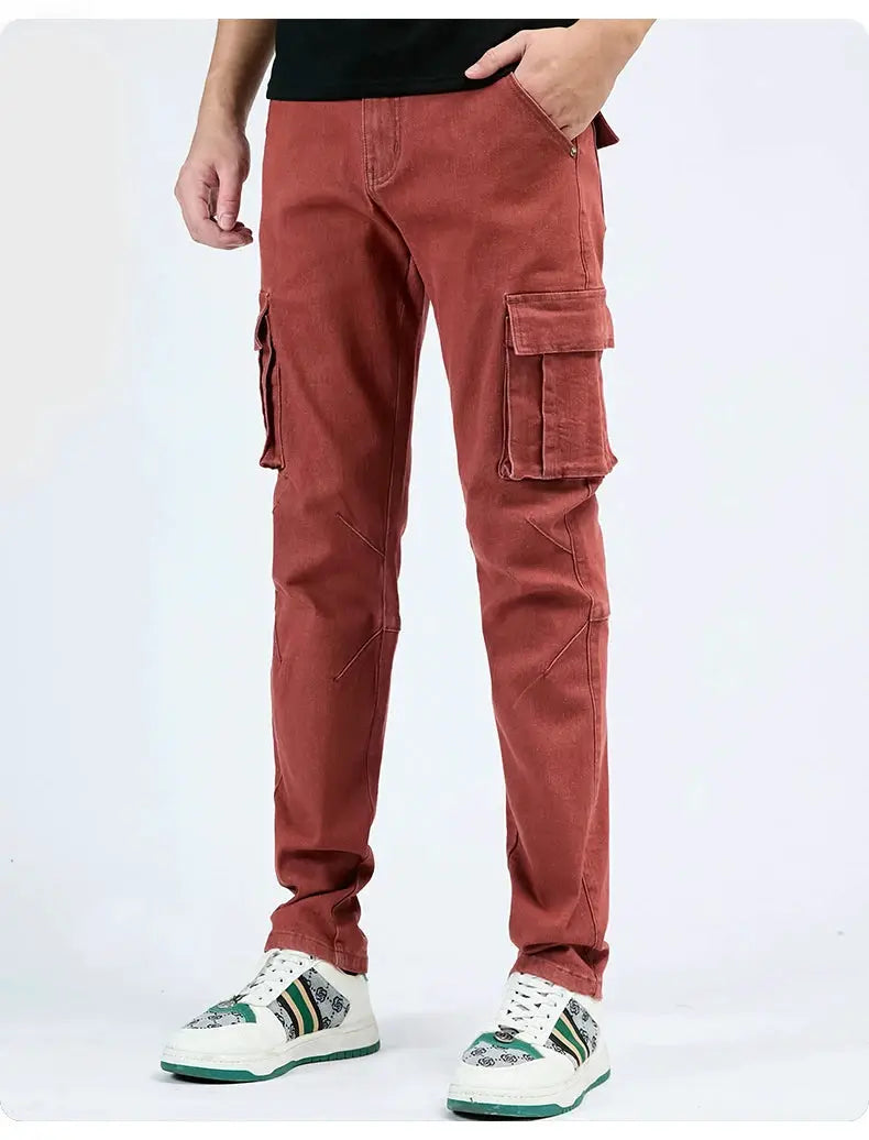 Men's cargo pants with elastic waist, burgundy washed denim, multiple pockets, slim fit