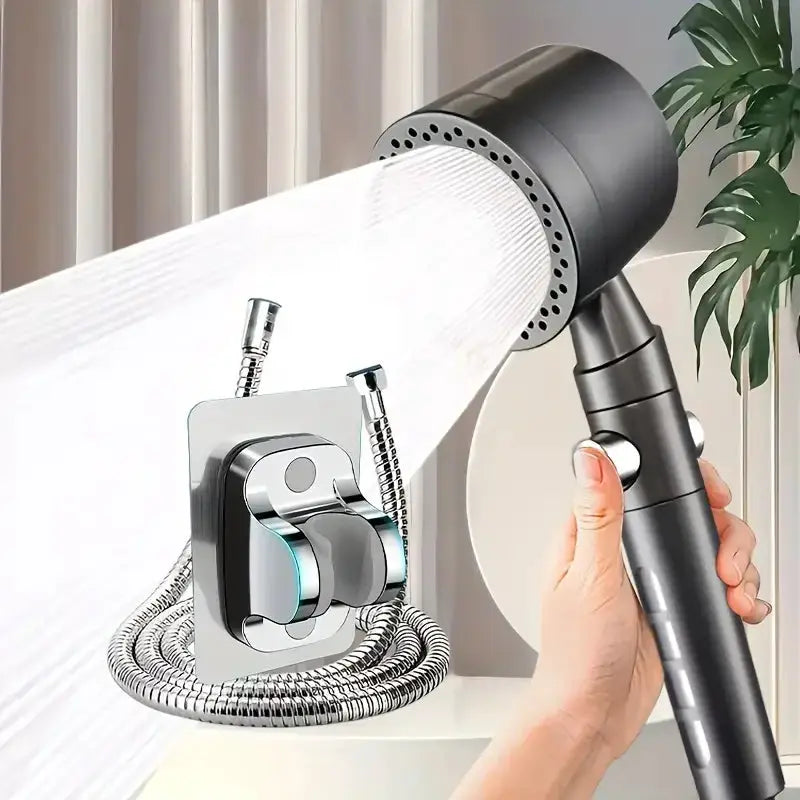Handheld shower head with flexible metal hose and wall-mount, black finish, 5 modes, high-pressure water-saving filter
