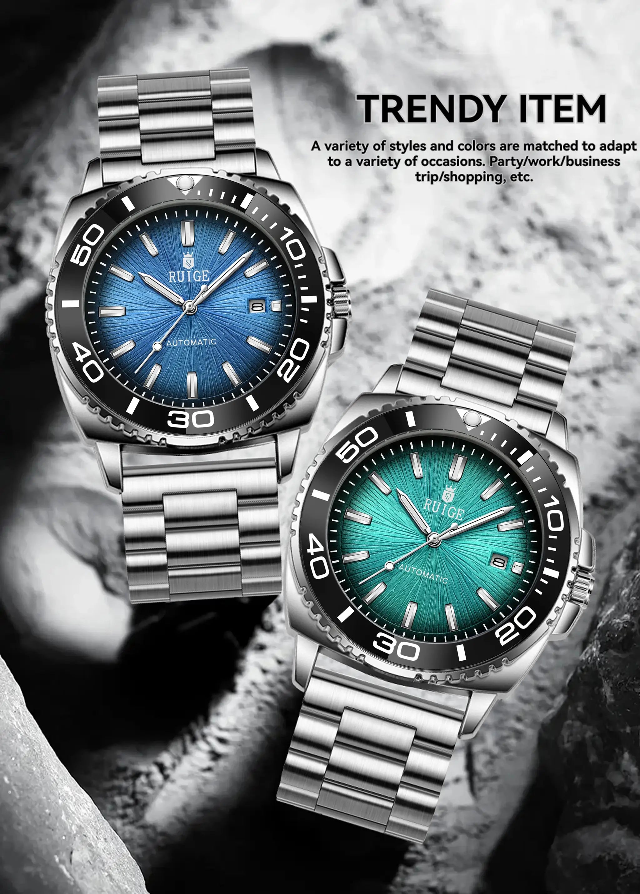 Two RUIGE men's automatic mechanical watches with stainless steel bracelets, blue and teal dials