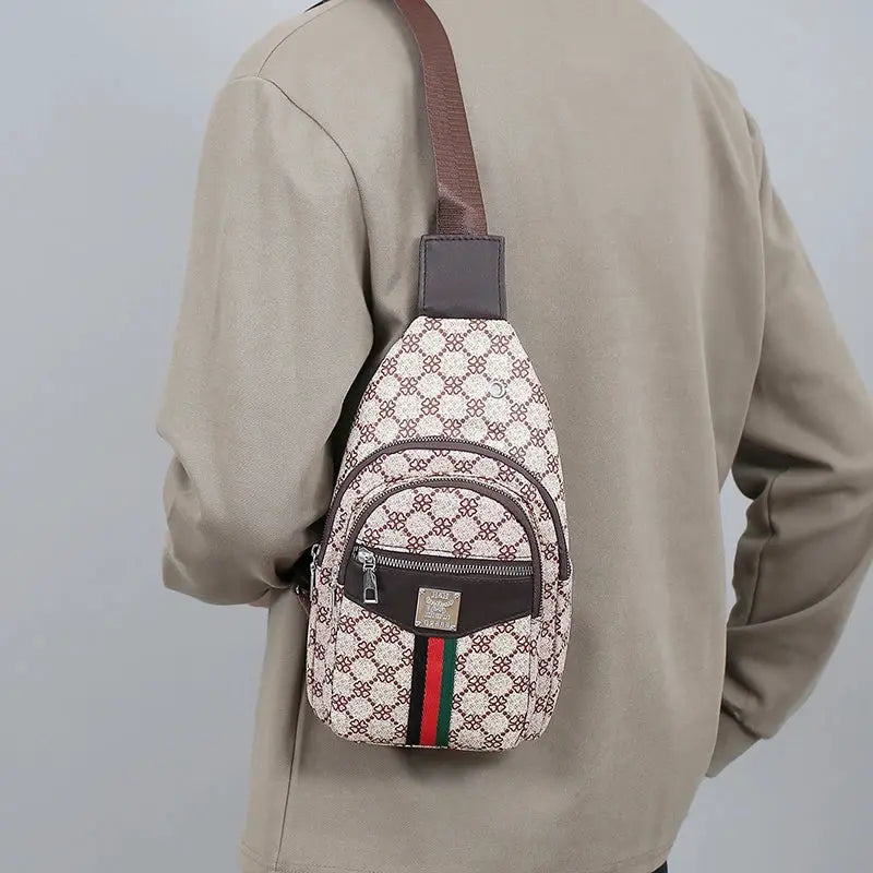 Men's Simples Market crossbody messenger bag in beige patterned cloth with brown trim and green-red striped strap