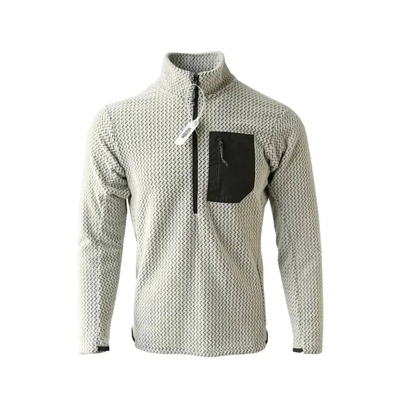 Fleece sweatshirt with stand collar and semi-zip, light-gray wavy knit with black chest pocket