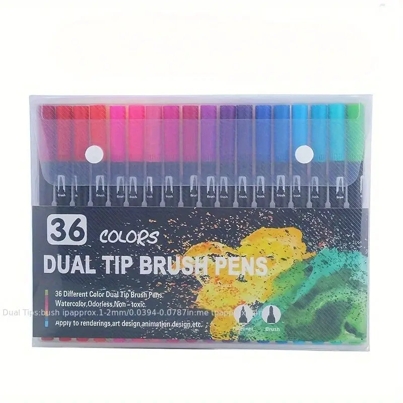 Vibrant 36-color dual-tip brush pen set with durable plastic bodies by Simples Market in a clear case