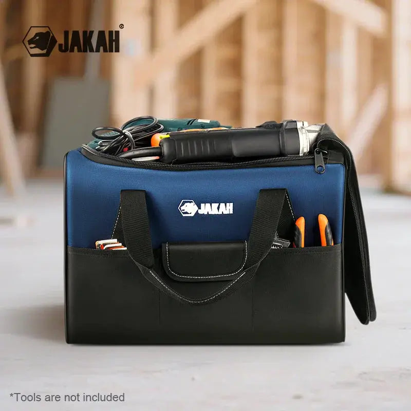 Heavy-duty polyester tool bag in blue with black base and handles, JAKAH logo visible.