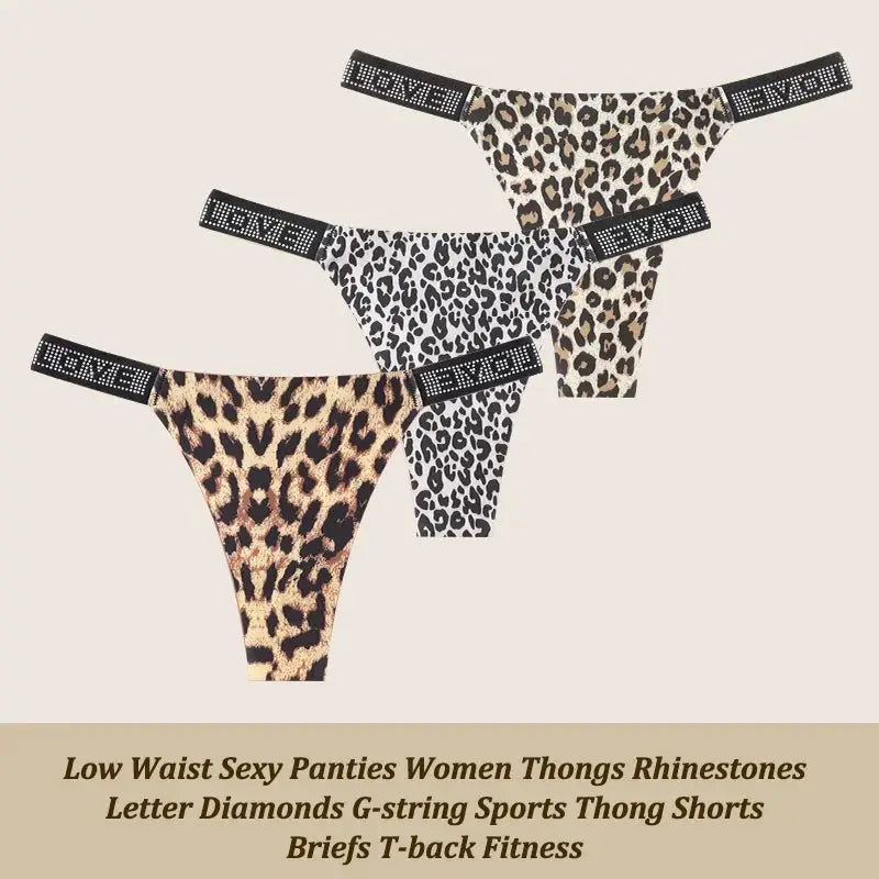 3-pack leopard-print low-rise thongs with rhinestone-letter waistband