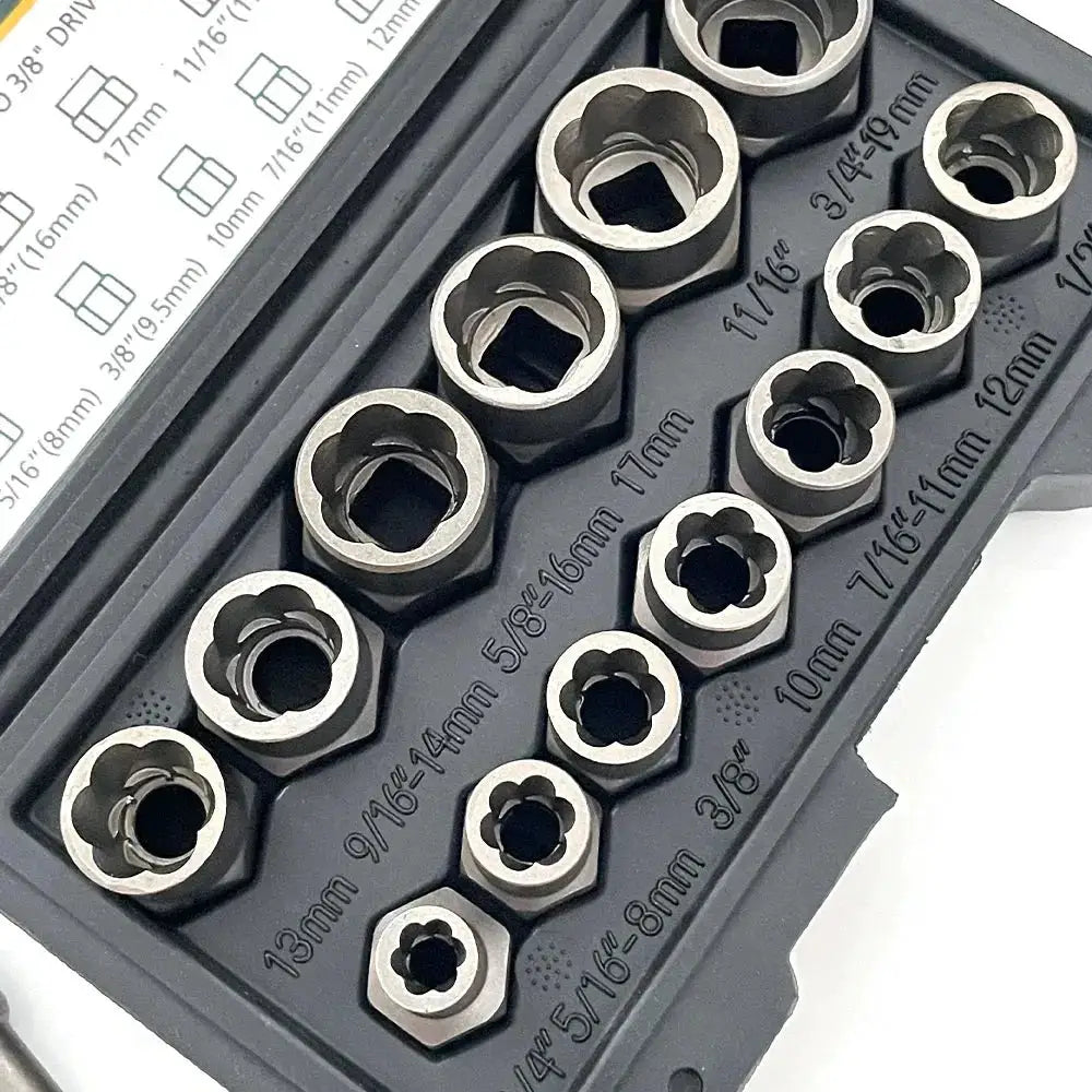 14 Piece Impact Bolt And Nut Remover Set Steel Bolt Extractor Tool Set With Solid Storage Case For Industrial Use