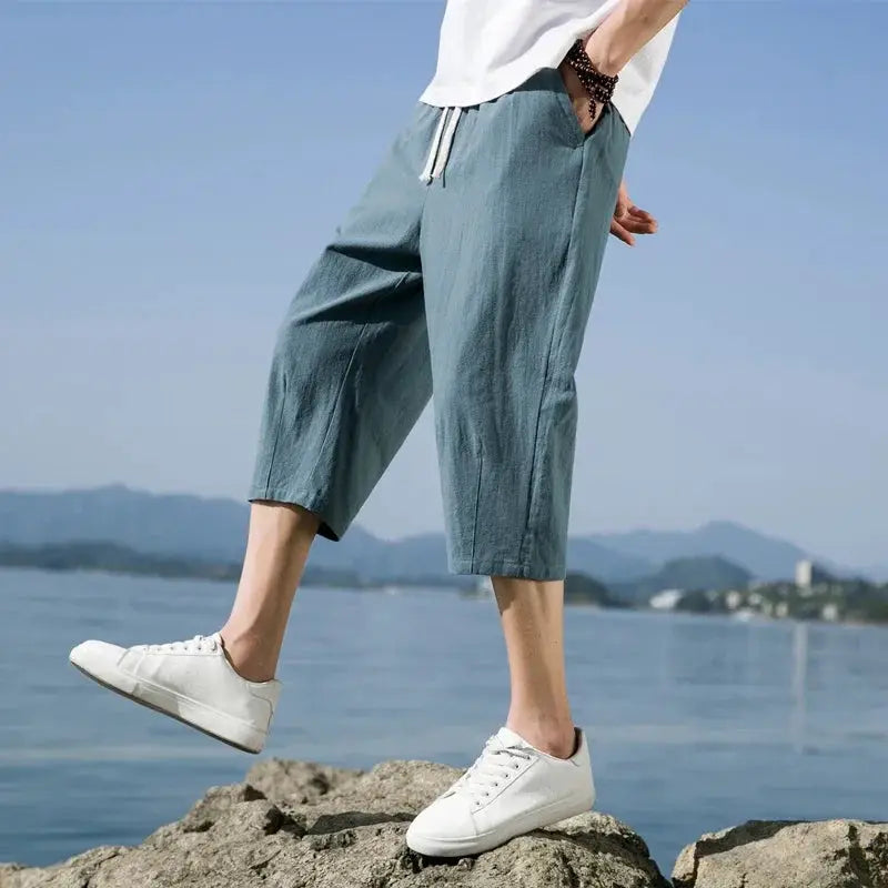 Men's casual linen shorts, teal, knee-length with drawstring waist and lightweight design