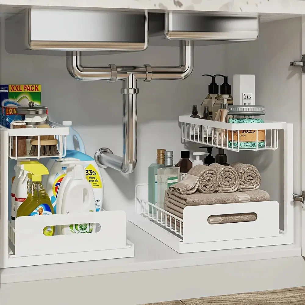 2 Tier Sliding Under Sink Organizer Metal Storage For Kitchen And Bathroom Cabinets Rustproof Cleaning Supplies
