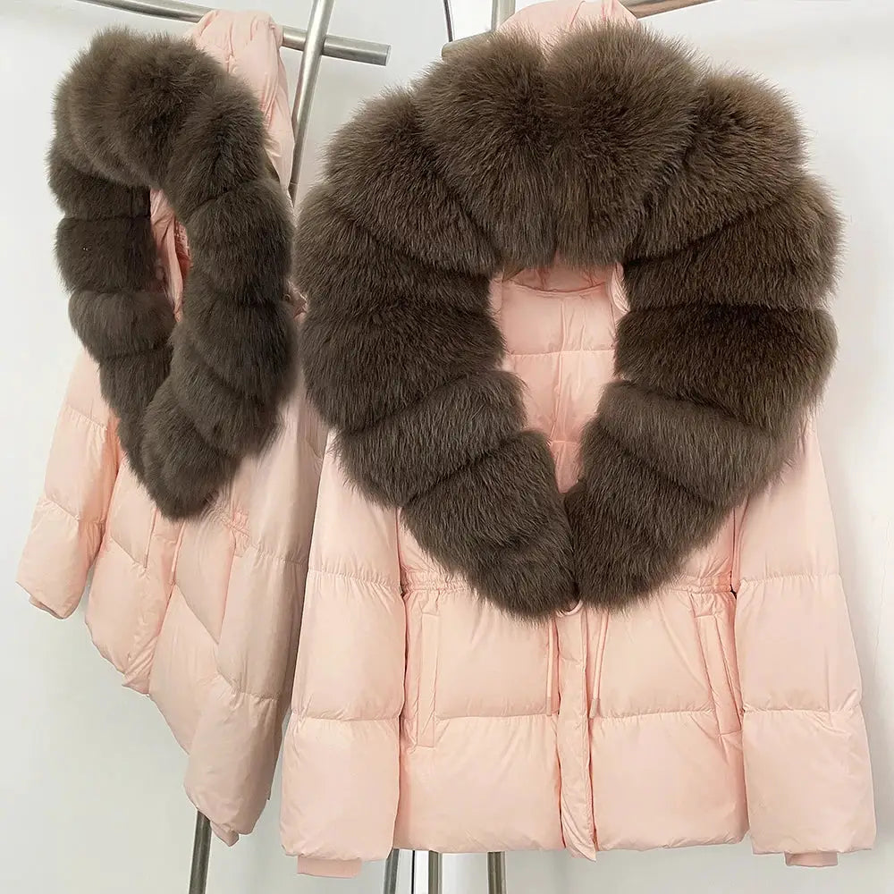 Womens Real Fox Fur Collar Duck Down Coat With Raccoon Fur Trim Hooded Puffer Jacket