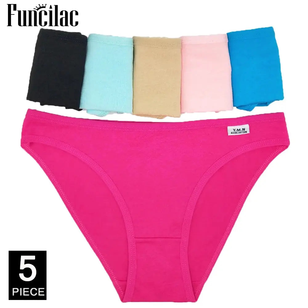 Funclac 5-piece women's cotton panties set in assorted colors (black, aqua, beige, pink, blue), pink foreground pair