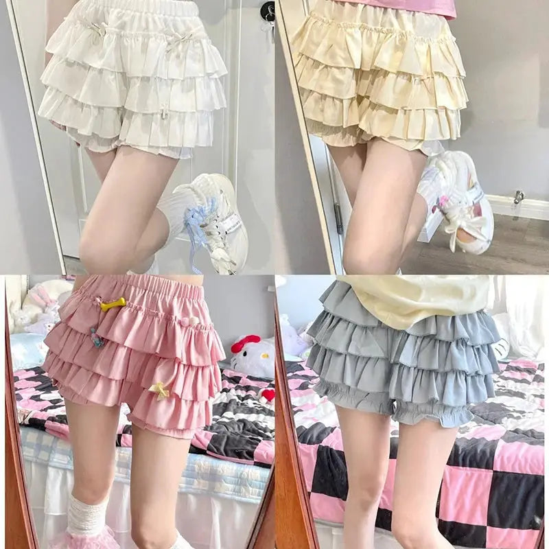 MEXZT Y2K Sweet Ruffles Mini Skirt in white, cream, pink, gray with high-waist A-line layered ruffles.