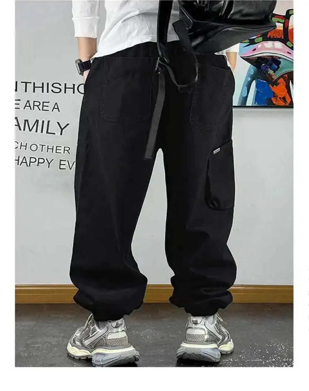 Black baggy cargo pants for men with large pockets and drawstring waist, Harajuku streetwear joggers