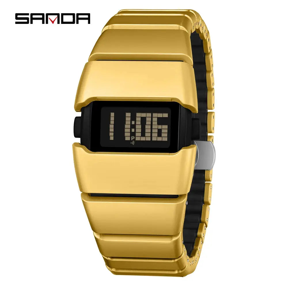 SAMDA 9504 gold-tone retro digital watch with metal band, night-light display, 5ATM waterproof