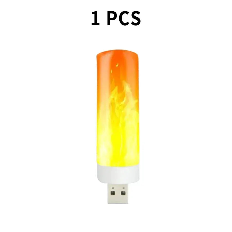 USB LED flame light by Simples Market; orange-yellow flickering flame inside a clear cylinder with white USB base