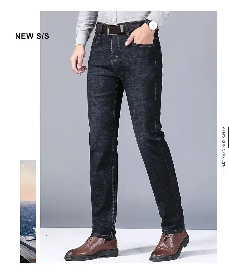 Simples Market men's classic dark denim jeans, soft black biker-style denim pants, sizes 32–38.