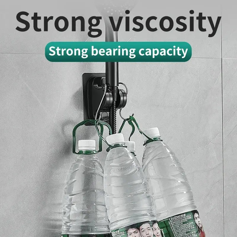 Perforation-free shower bracket with wall mount and adjustable head hanger, holding 3 plastic bottles with green holders