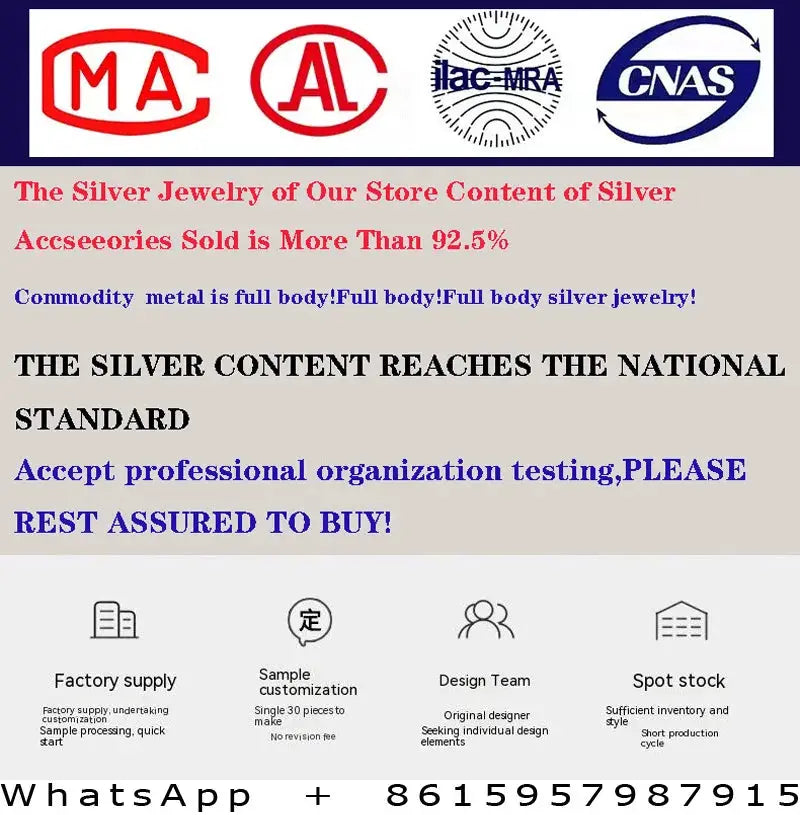 Store banner featuring silver-content logos, certification marks, and WhatsApp contact icons
