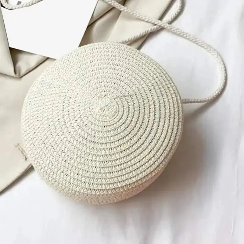 Round straw crossbody bag by Simples Market, natural beige, women's handbag