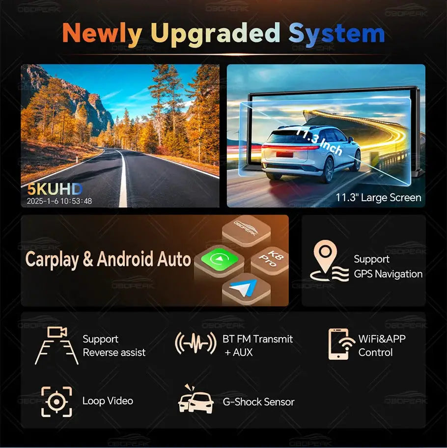 OBDPEAK K8 Pro Dash Cam with 11.3in touch AI screen, GPS navigation, CarPlay & Android Auto