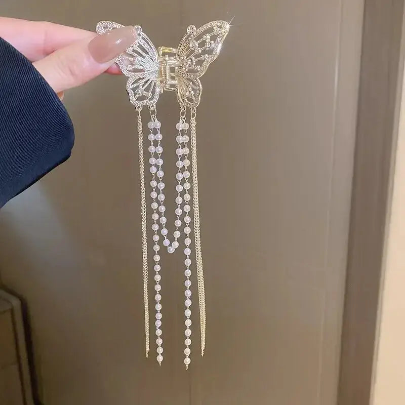 Butterfly Hair Clip With Long Tassel Elegant Imitation Pearl Rhinestone Hairpins For Women Jewelry