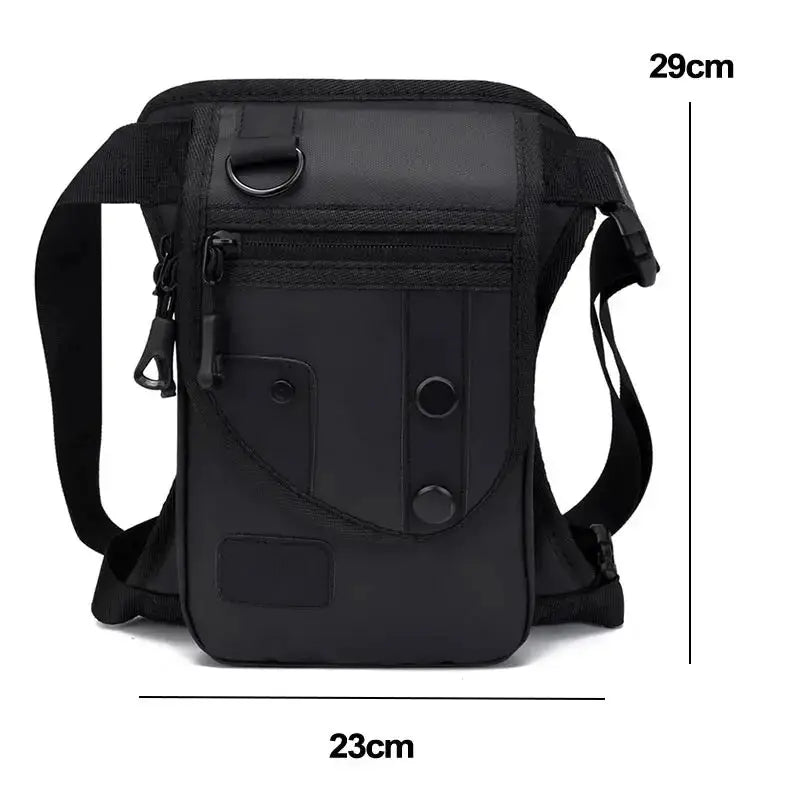 Leg/waist bag by Simples Market in black with multiple pockets, D-ring and adjustable strap