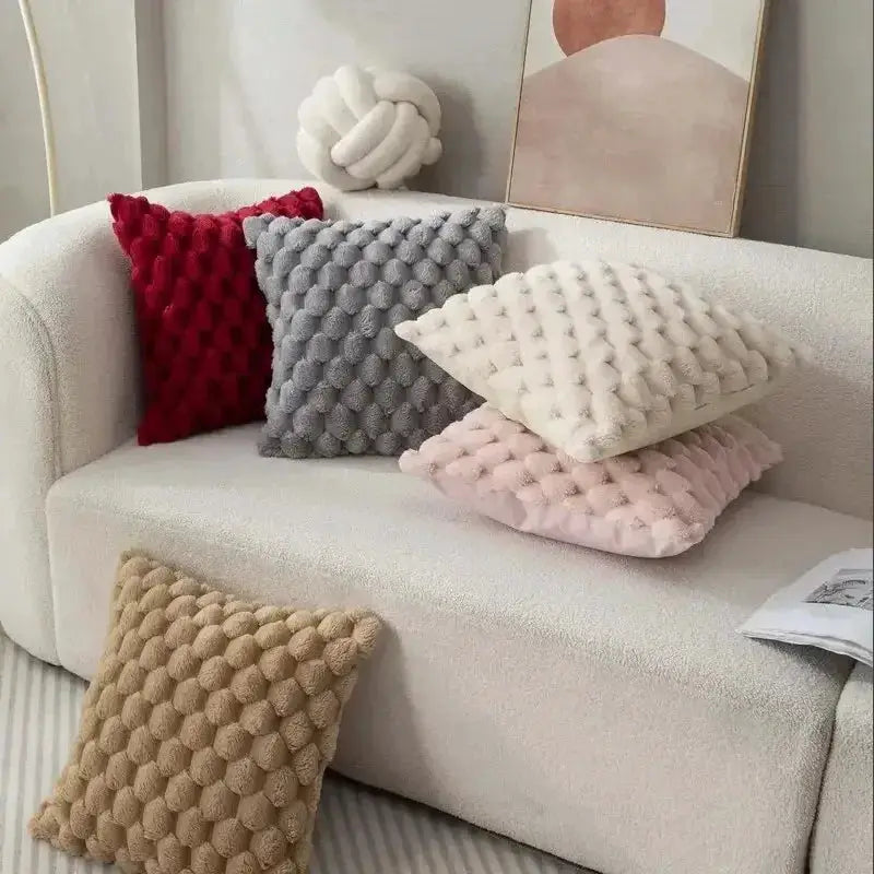 Pillowcase cream white pineapple-grid turtle-pattern 3D plush throw pillow on living room sofa with assorted cushions