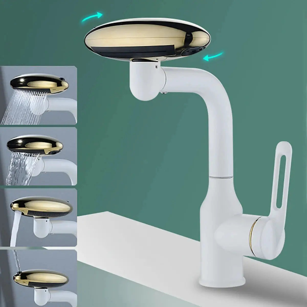 Simples Market white waterfall basin faucet with gold-tone top, 360° swivel spout and four spray modes